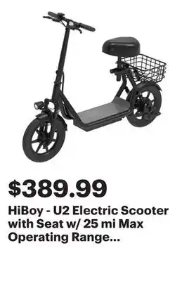 Best Buy HiBoy - U2 Electric Scooter with Seat w/ 25 mi Max Operating Range & 20 mph Max Speed - Black offer