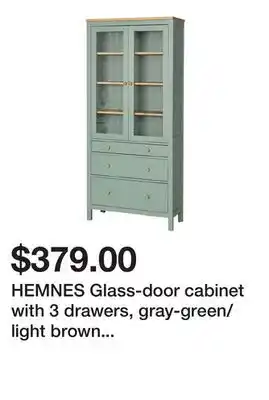 Ikea HEMNES Glass-door cabinet with 3 drawers, gray-green/light brown stained offer