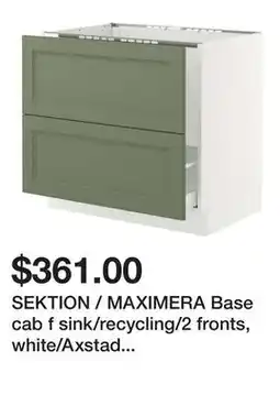 Ikea SEKTION / MAXIMERA Base cab f sink/recycling/2 fronts, white/Axstad gray-green offer