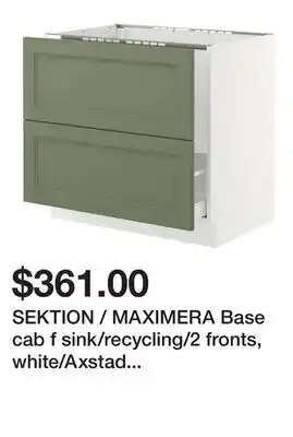 Ikea SEKTION / MAXIMERA Base cab f sink/recycling/2 fronts, white/Axstad gray-green offer