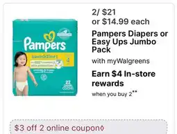 Walgreens Pampers Diapers or Easy Ups Jumbo Pack offer