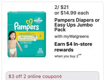 Walgreens Pampers Diapers or Easy Ups Jumbo Pack offer