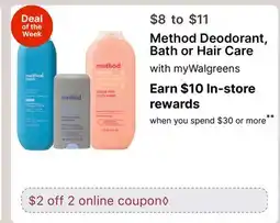 Walgreens Method Deodorant, Bath or Hair Care offer
