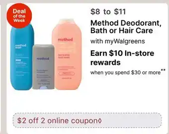 Walgreens Method Deodorant, Bath or Hair Care offer