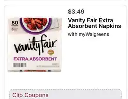 Walgreens Vanity Fair Extra Absorbent Napkins offer