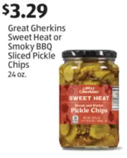 Aldi Great Gherkins Sweet Heat or Smoky BBQ Sliced Pickle Chips offer