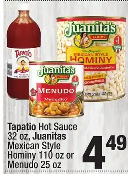 Super King Markets Tapatio Hot Sauce 32 oz, Juanitas Mexican Style Hominy 110 oz or Menudo 25 oz offer