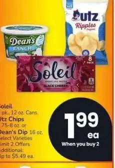Albertsons Soleil 8 pk., 12 oz. Cans, Utz Chips 7.75-8 oz. or Dean's Dip 16 oz. - Select Varieties offer
