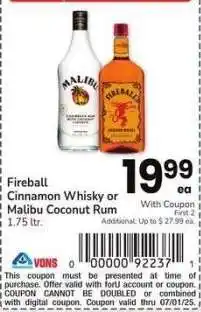 Albertsons Fireball Cinnamon Whisky or Malibu Coconut Rum - 1.75 ltr offer