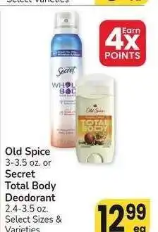 Albertsons Old Spice 3-3.5 oz. or Secret Total Body Deodorant 2.4-3.5 oz. - Select Sizes & Varieties offer