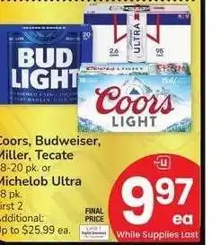 Albertsons Coors, Budweiser, Miller, Tecate 18-20 pk. or Michelob Ultra 18 pk offer