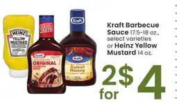 Albertsons Kraft Barbecue Sauce 17.5-18 oz., select varieties or Heinz Yellow Mustard 14 oz offer