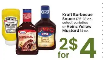 Albertsons Kraft Barbecue Sauce 17.5-18 oz., select varieties or Heinz Yellow Mustard 14 oz offer