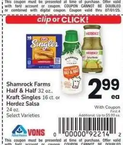 Albertsons Shamrock Farms Half & Half 32 oz., Kraft Singles 16 ct. or Herdez Salsa 24 oz. - Select Varieties offer