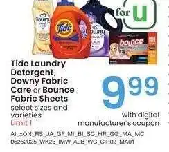 Albertsons Tide Laundry Detergent, Downy Fabric Care, or Bounce Fabric Sheets - select sizes and varieties offer