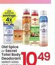 Albertsons Old Spice or Secret Total Body Deodorant - select sizes and varieties offer