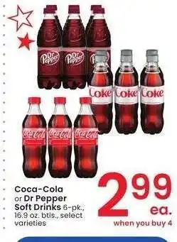 Albertsons Coca-Cola or Dr Pepper Soft Drinks - 6 - pk., 16.9 oz. btls., select varieties offer