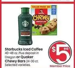 Albertsons Starbucks Iced Coffee 40-48 oz. Oregon or Quaker Chewy Bars 24-30 ct. - Selected varieties offer