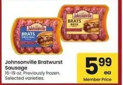 Albertsons Johnsonville Bratwurst Sausage - 16-19 oz. Previously frozen. Selected varieties offer
