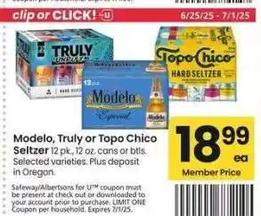 Albertsons Modelo, Truly or Topo Chico Seltzer - 12 pk., 12 oz. cans or btls. Selected varieties offer
