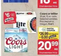 Albertsons Coors or Miller - 30 pk., 12 oz. cans. Selected varieties offer