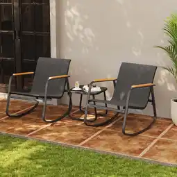 Walmart Aiho 3-Piece Textilene Patio Set w/ Rocking Chairs, Wood Armrests & Glass Table - Black offer