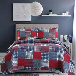 Walmart Jessy Home Plaid Patchwork Quilt Queen Size Red Blue Bedspread Soft Microfiber Coverlet offer