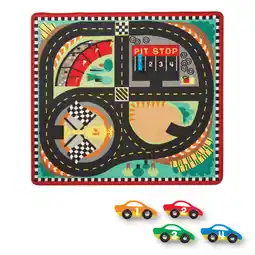 Walmart Melissa & Doug Round the Speedway Race Track Rug With 4 Race Cars (39 x 36 inches) offer