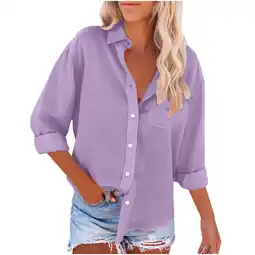 Walmart Fouhkni Womens Button down Shirts 3/4 Sleeve Cotton Linen Blouses Business Casual Tops with Pocket offer