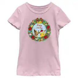 Walmart Girl's Pokemon Pikachu and Eevee Happy Holidays Graphic Tee Light Pink Large offer