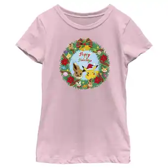 Walmart Girl's Pokemon Pikachu and Eevee Happy Holidays Graphic Tee Light Pink Large offer