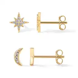 Walmart PAVOI Women's 14K Yellow Gold Flash Plated Moon & Star Stud Earrings, Premium Cubic Zirconia, 2 Pack offer