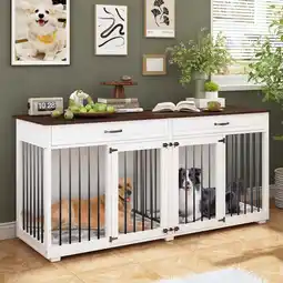 Walmart NARTRU 72.4 Large Double Dog Crate Furniture with Divider and 2 Drawers for 2 Medium or Large Dogs offer