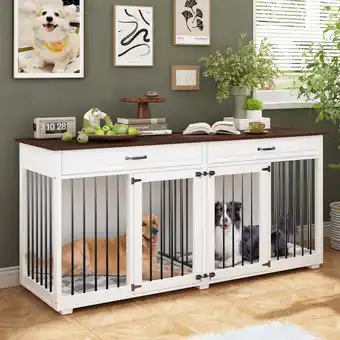 Walmart NARTRU 72.4 Large Double Dog Crate Furniture with Divider and 2 Drawers for 2 Medium or Large Dogs offer