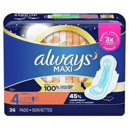 Walmart Always Maxi Overnight Pads with Wings, Unscented, Size 4, 26 Count offer