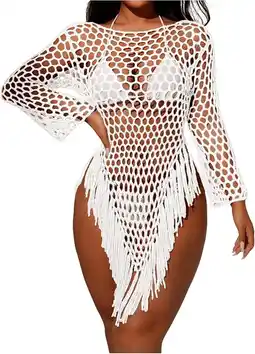 Walmart MLDRA Women's Hollow Out Sheer Swimsuit Cover Up Dress Fringe Long Sleeve Beach Coverup Top offer
