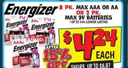 Ollie's Energizer 8 PK. MAX AAA OR AA OR 2 PK. MAX 9V BATTERIES offer