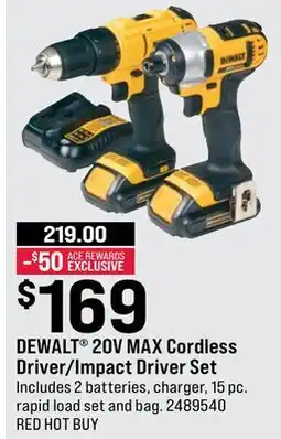 Ace Hardware DEWALT 20V MAX Cordless Driver/Impact Driver Set offer