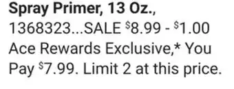 Ace Hardware Zinsser Spray Primer, 13 Oz offer