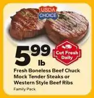 Save a Lot Fresh Boneless Beef Chuck Mock Tender Steaks or Western Style Beef Ribs offer