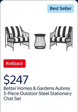 Walmart Better Homes & Gardens Aubrey 3-Piece Outdoor Steel Stationary Chat Set, Stripe Color Cushion offer
