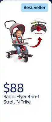 Walmart Radio Flyer, 4-in-1 Stroll 'N Trike with Activity Tray, Red & Gray, Tricycle for Boys and Girls offer