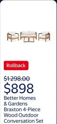 Walmart Better Homes & Gardens Braxton 4-Piece Wood Outdoor Conversation Set with Off-White Cushions offer
