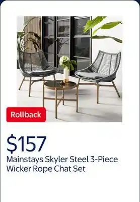 Walmart Mainstays Skyler Steel 3-Piece Wicker Rope Chat Set, Grey offer