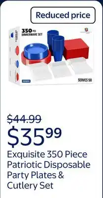 Walmart Exquisite 350 Piece Patriotic Red, White, and Blue Plastic Disposable Party Plates & Cutlery Set offer