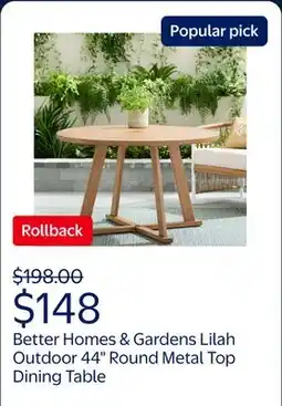 Walmart Better Homes & Gardens Lilah Outdoor 44 Round Metal Top Dining Table offer