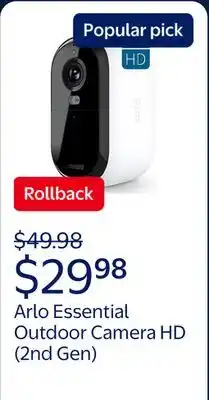Walmart Arlo Essential Outdoor Camera HD (2nd Gen) - Wireless 1080p Security Surveillance Camera - 1-Cam offer