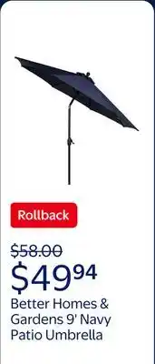 Walmart Better Homes & Gardens 9' Navy Patio Umbrella, Crank Lift and 3 Position Tilt offer