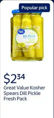 Walmart Great Value Kosher Spears Dill Pickle Fresh Pack offer