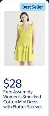 Walmart Free Assembly Women's and Women's Plus Smocked Cotton Mini Dress with Flutter Sleeves offer